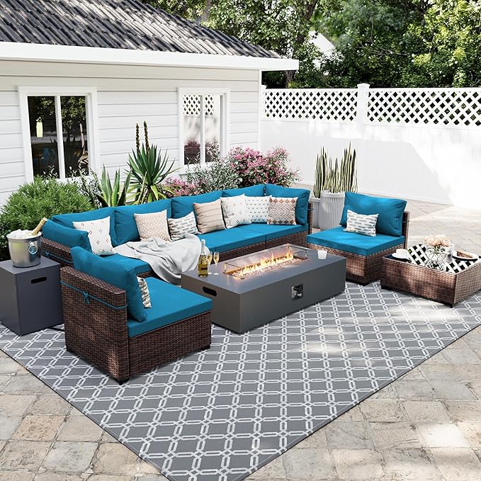 UPHA 9 Pieces Patio Furniture Sets, Wicker Outdoor Sectional Sofa Couch with Rectangle Propane Pit for Deck Backyard Garden, Brown Rattan, Deep Lake Blue Cushion