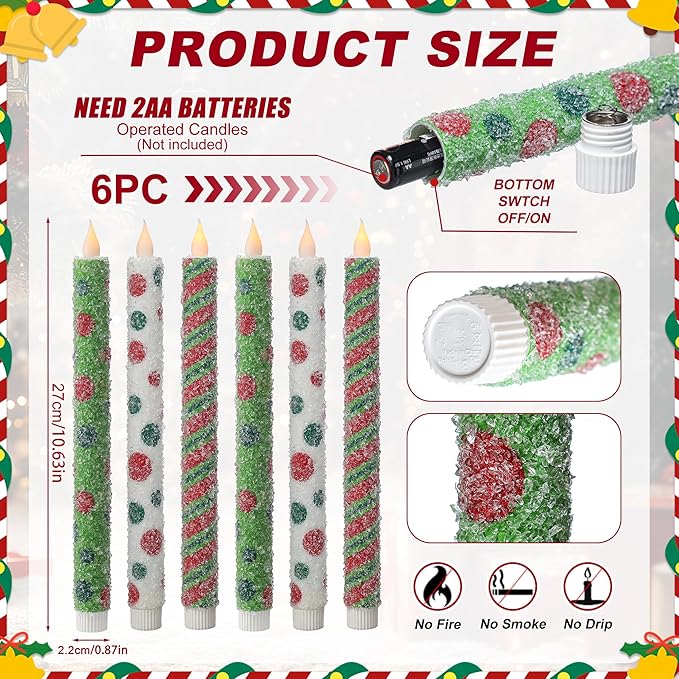 Christmas Elf Flameless Taper Candles - 6PCS Glitter Christmas Green Elf Theme Flickering LED Battery Operated Sea Salt Candles with Remote, Real Wax Party Decoration Candlesticks, Xmas Table Decor