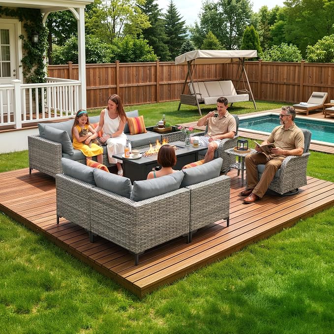 CAODOC 11-Piece Outdoor Sectional Sofa Set with 54" Fire Pit – L-Shaped Wicker Patio Furniture, Deep Seating & Swivel Rockers,Dark Gray