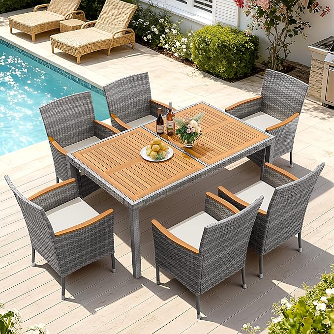 Devoko Dining 7 PCS Furniture, Patio Conversation Set with Acacia Wood Table Top, Outdoor, Beige Cushion and Grey Rattan