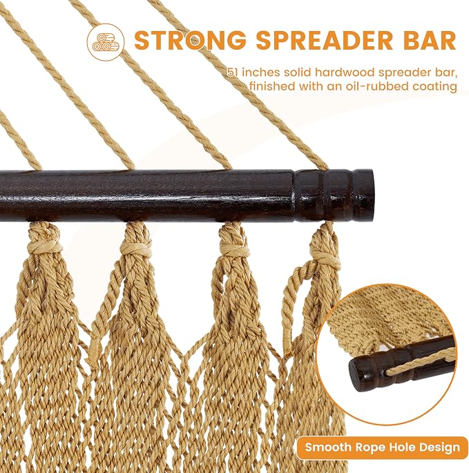 Lazy Daze Hammocks 2 Person Caribbean Rope Hammock with Wood Stand, 10.5FT Polyester Hammock with Spreader Bars, 13FT Heavy Duty Stand Combo, 450 LBS Capacity for Outdoor Backyard Garden Poolside, Tan