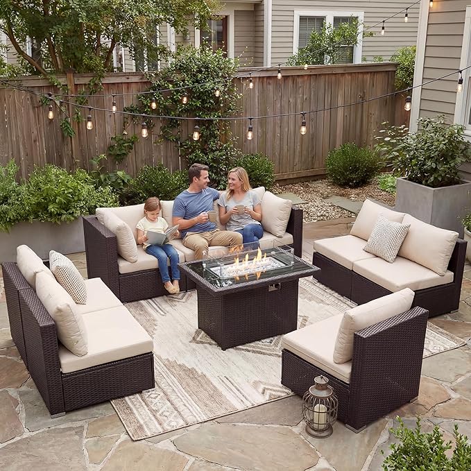 BULEXYARD 9 Piece High Back Outdoor Sectional Couch Set with Fire Pit, Elegant All-Weather Patio Furniture Set, Extra Large Size 8-Person Backyard Seating Group L-Shape for Yard, Deck, Brown & Beige