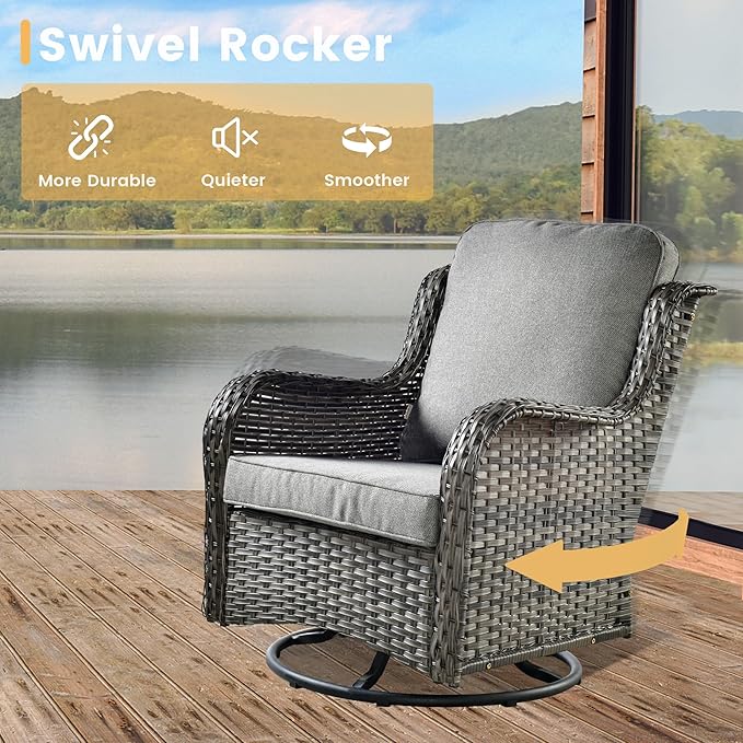 HOOOWOOO Outdoor Patio Furniture with Fire Pit Set 11 Pieces Patio Set with Fire Pit Wicker Outdoor Furniture with Fire Pit Table Set Patio Sectional Set with Swivel Chairs,Dark Gray