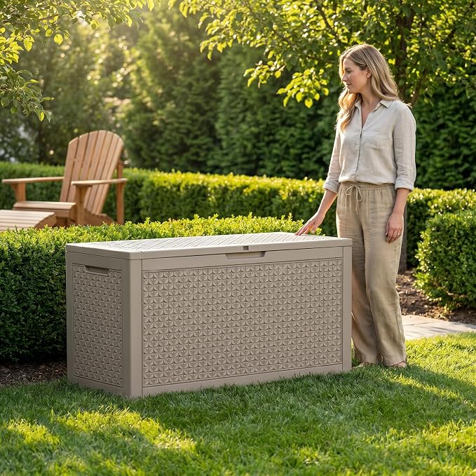 102 Gallon Outdoor Storage Box, Resin Deck Box Waterproof & Lockable, Patio Cushion Storage Bench for Garden, Pool, Furniture & Tools, UV Resistant Heavy Duty, Gray Brown