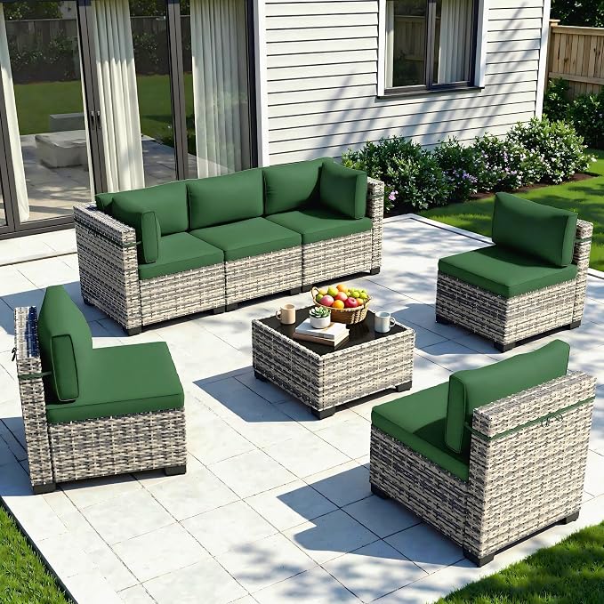7-Piece Patio Furniture Set, Outdoor Sectional with Thick Cushions, Modular Patio Sofa, Dual-Strand Wicker Rattan, Rust-Resistant Frame, Backyard Furniture for Garden, Deck, Dark Green
