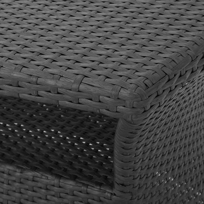 Outdoor Rattan Side Table with Umbrella Hole, All Weather 2 Tier Rattan Wicker Coffee End Table with Storage Shelf for Garden Porch Deck Backyard, No Assembly Required (Grey)