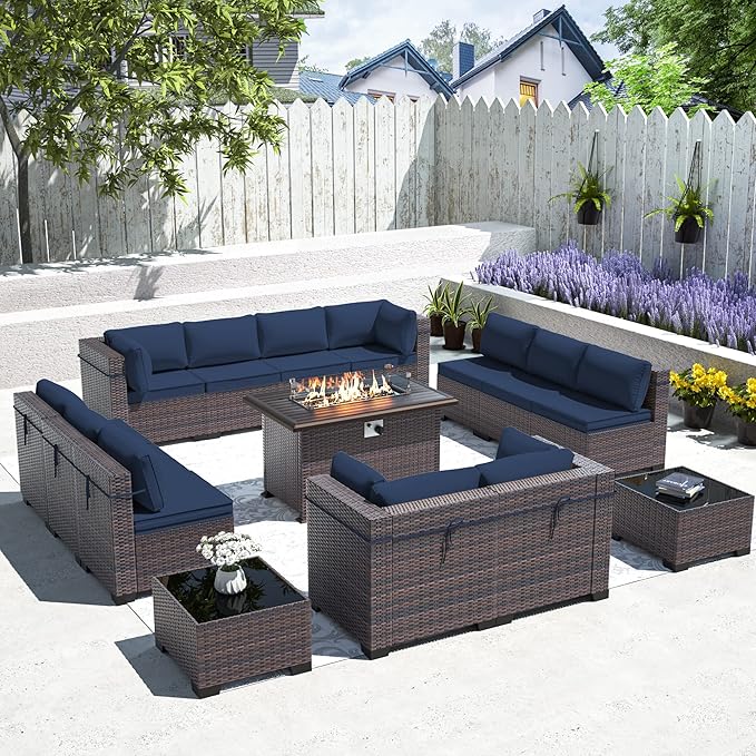 Outdoor Patio Furniture Set with Gas Fire Pit Table, 15 Pieces Outdoor Furniture Set Patio Sectional Sofa w/43in Propane Fire Pit, PE Wicker Rattan Patio Conversation Sets - Navy