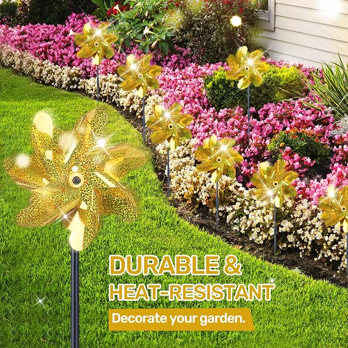 BATTIFE Preassembled Reflective Pinwheels for Yard & Garden, Gold, 10 Pack | Sparkly Reflective Material Spinner, Spins Best in Steady Wind, Animal-Deterrent Results Vary by Placement and Conditions