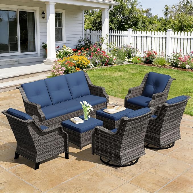 Outdoor Patio Furniture Set, 7 Piece Wicker Patio Furniture with Thick Cushions, Curved Armrest, Deep Seating, Outdoor Swivel Rocker Chairs for Porch, Deck, Balcony