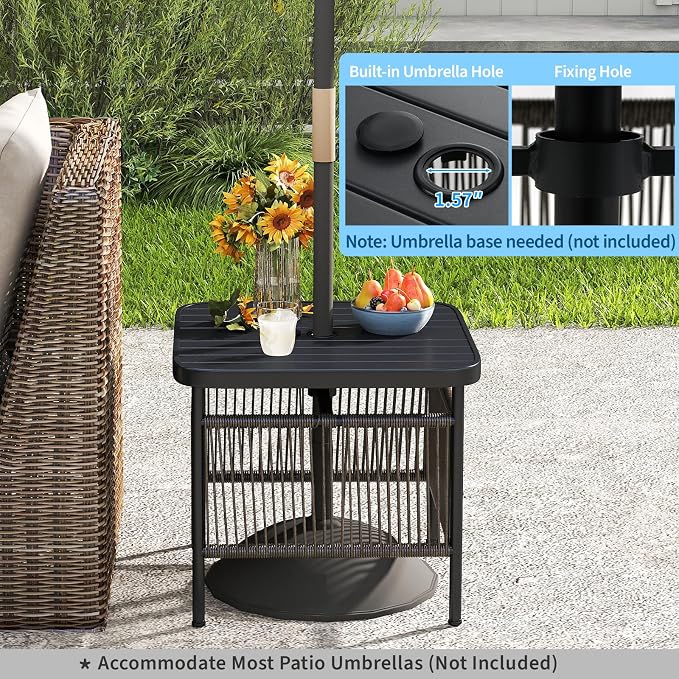 Tangkula Outdoor PE Rattan Side Table with 1.57” Umbrella Hole, Square Patio End Table with Metal Frame, Small Bistro Coffee Table for Porch, Balcony, Garden and Backyard (1)