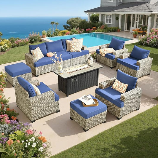 Rattan Patio Furniture Set with Fire Pit,10 Pieces Outdoor Sectional with Single Chair Ottoman,Out Door Furniture Conversation Set,Navy Blue