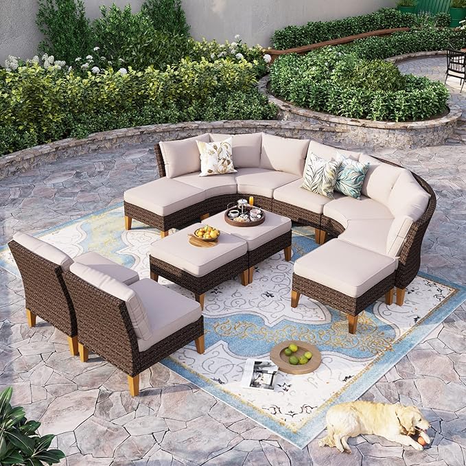 Sophia & William Outdoor Wicker Sectional Sofa Set, Half Moon Curved Patio Furniture Set with Ottman, High Back Patio Rattan Conversation Set for Porch, Deck,Pool(Beige, 11 Piece)