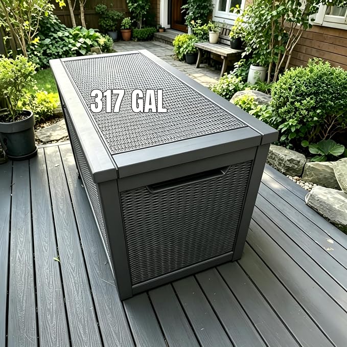 MAKINO 317 Gallon Large Resin Outdoor Storage Box, Waterproof Deck Box, Lockable Deck Container with Reinforced Support, Outdoor Chest for Patio Accessories, Outdoor Cushions, Garden Tools, Black