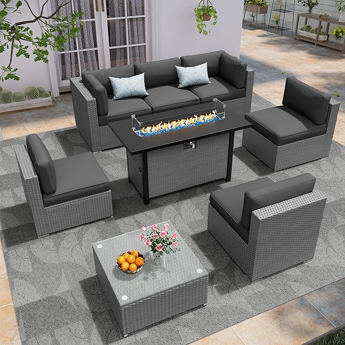 8 Pieces Outdoor Patio Furniture Set with 45” Propane Gas Firepit Table, Grey Wicker Patio Sectional Sofa Set, Outdoor Couch with Cushion and Tempered Glass Table, Grey