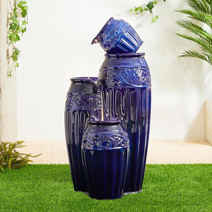 Glitzhome 35.5" H Ceramic Outdoor Water Fountain with LED Lights, Oversized 4-Tier Pots Outdoor Fountain, Cobalt Blue Glaze, Embossed Pattern, Decorative Cascading Waterfall for Garden, Patio