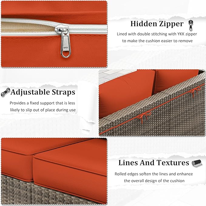 Outdoor Furniture Replacement Cushions, 5" Foam Foam High-Density, Fits 6-seat Sectional Rattan Conversation Set, 14 Piece Patio Water-Resistant Replacement Sofa Cushions, Liner&Cover