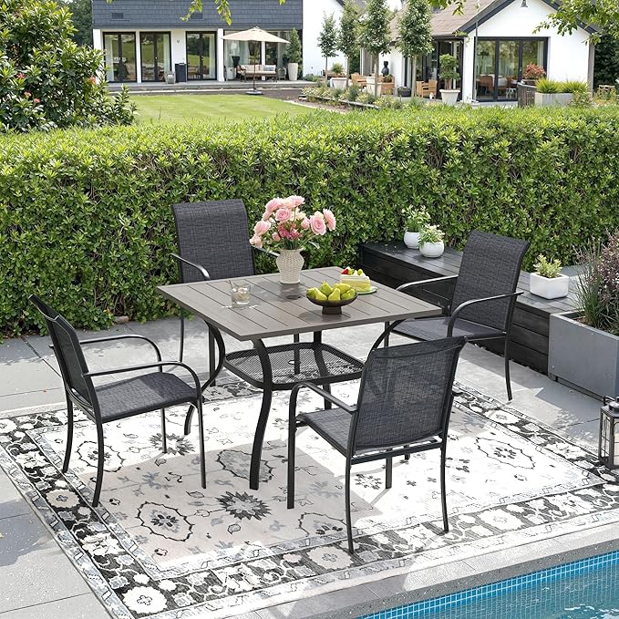 DIFY 5 Pieces Outdoor Dining Table Chair Set, Patio Dining Set with 1 Grey Wood-Like Square Curved Legs Table with and Umbrella Hole & 4 Grey Stackable with Armrests Chairs for Lawn, Garden, Porch