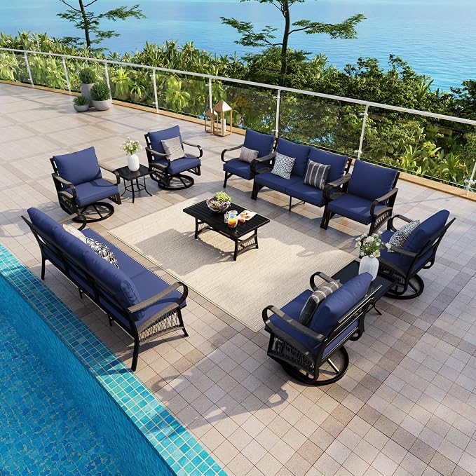 11 Pieces Patio Conversation Sets, All-Weather Metal Swivel Rocking Chairs with Rope Furniture Set, Outdoor Sofa Couch for Deck, Porch, Garden, Backyard, Poolside (Blue Cushions)