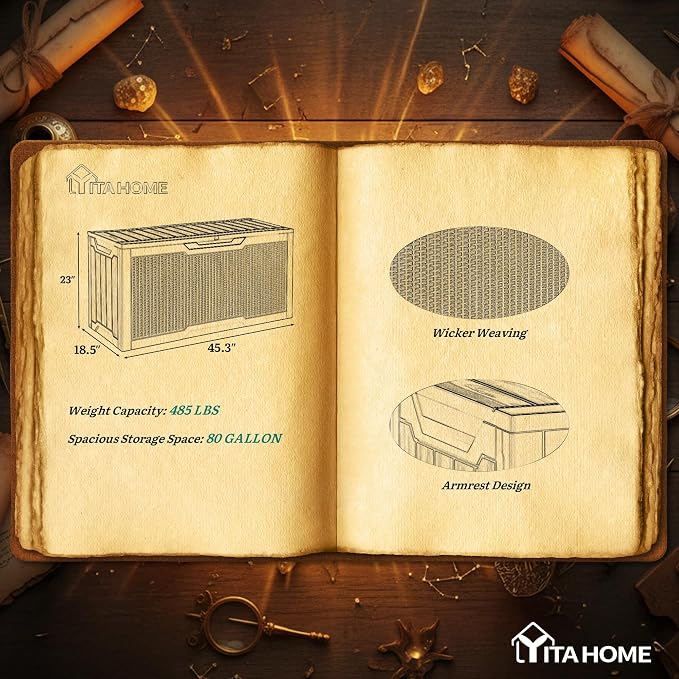 YITAHOME 80 Gallon Outdoor Storage Box, Large Water Resistant Resin Deck Box w/Silver Decorative PVC Trim Panel, Lockable Rattan Storage Container for Patio, Garden, Cushions, Tools (Black & Silver)