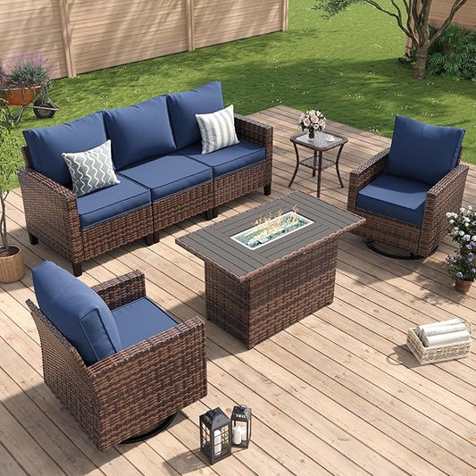 Amopatio Patio Furniture Set, 5-Piece Wicker Outdoor Sectional Sofa with Swivel Rocker Chairs, All-Weather Rattan Conversation Set with Fire Pit Table and Waterproof Cover for Backyard Brown/Navy