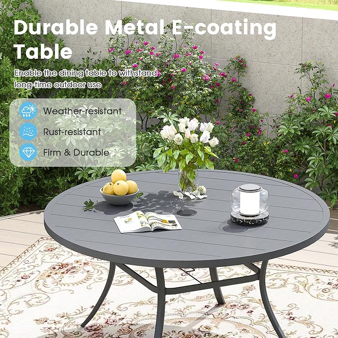 9 Pieces Outdoor Patio Dining Table Set, 60" All Weather Round Metal Table with Umbrella Hole and 8 High Back Textilene Swivel Chairs for Garden, Lawn, Poolside, Grey