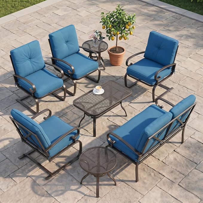 8 Pcs (6 Seats) Metal Outdoor Patio Furniture Conversation Sets, 4 Spring Chair, Loveseat and 3 Coffee Table, with Cushions (Peacock Blue)