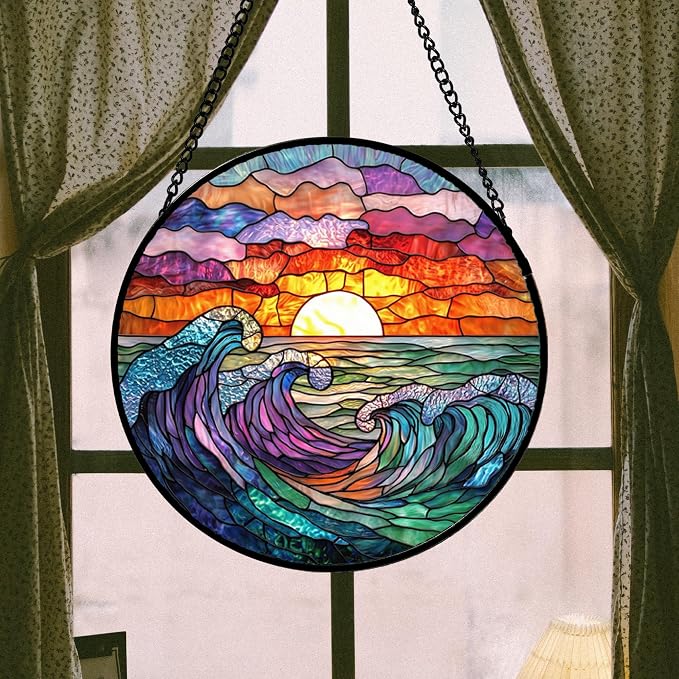DASTOLL Stained Glass Window Hanging, Clouds and Sea Waves Suncatcher Diamond Glass Panel Hangings Scenery Sun Catchers Decor for Birthday for Women, Men, Wife, Aunt, and Mom 14.9 in