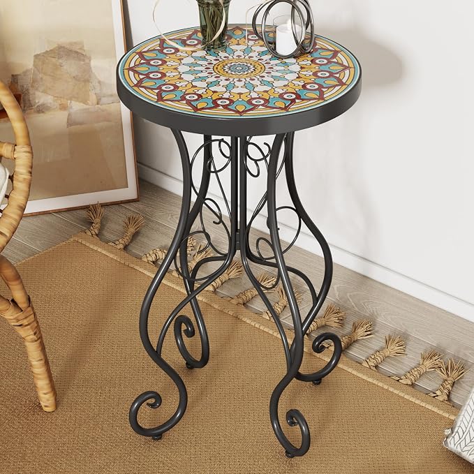 Outdoor Metal Side Table with Ceramic Tile Top Mosaic Patio Side Table and Plant Stand Tables, Round Side End Tables for Yard Porch Balcony Garden Bedside, Daisy Yellow