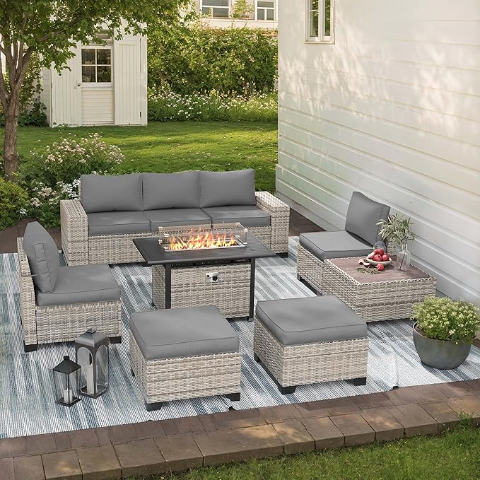 9-Piece Outdoor Patio Furniture Set with 55,000 BTU Fire Pit Table, PE Wicker Rattan Sectional Sofa Patio Conversation Set with Ottomans & Coffee Table, Grey