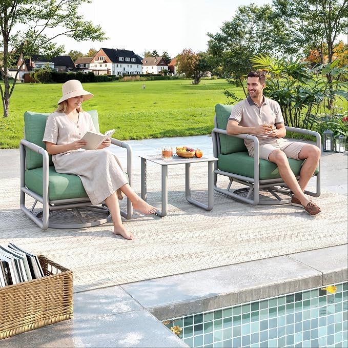 3-Piece Outdoor Swivel Rocker Set, Aluminum Frame 360° Swivel Rocking Chairs with 6.5" Thick Cushions, 24" Wide Seat 380LBS Capacity, Side Table for Porch, Deck, Backyard
