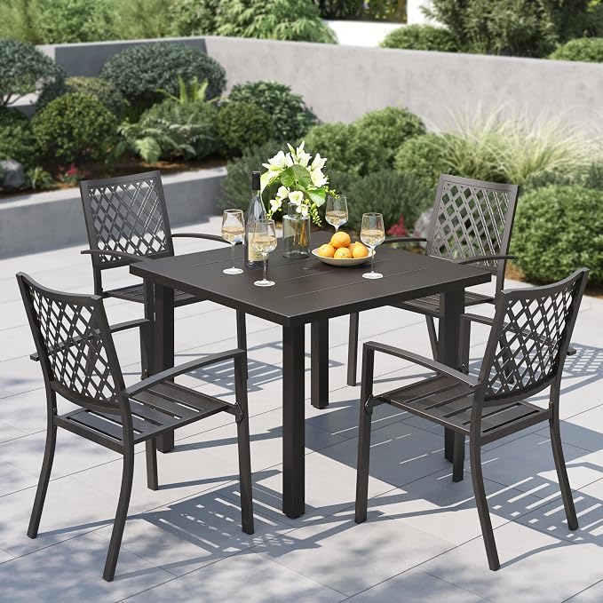 PHI VILLA, 5 Pcs Patio Dining Set, 34.2" Square Wrought Iron Table | 34.2" Metal Square Table &Stackable Wrought Iron Chairs, All Weather Outdoor Dining Set for Patio,Deck,Backyard,Porch