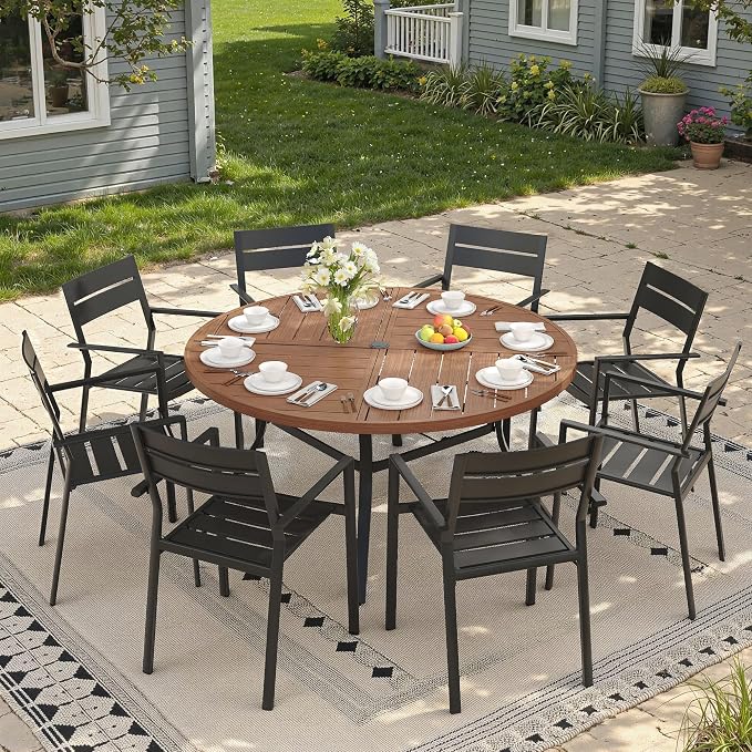 Patio Dining Set for 8, Round 53.1" Patio Dining Table and Stackable Outdoor Dining Chairs Outdoor Furniture for Backyard Porch Deck, Spliced Walnut Table and Black Chairs