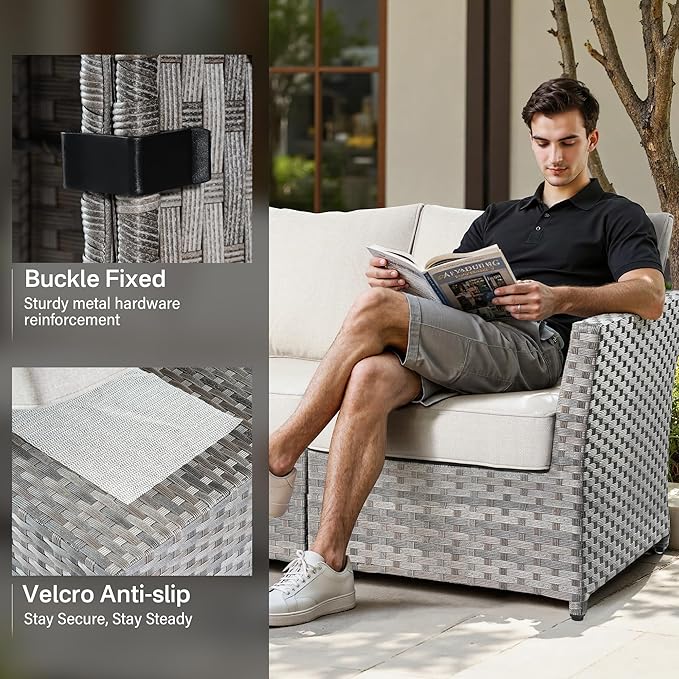Fully Assembled & Spacious 9-Pc Outdoor Sofa Set, Patio Rattan Conversation Group with Rocking Chair and Tea Table