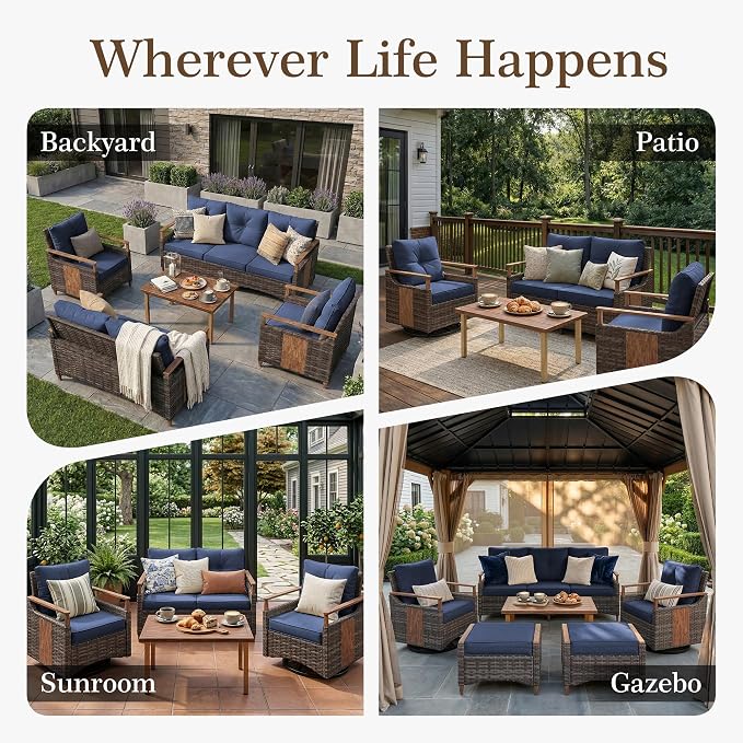 NestNook 5 Pieces Patio Furniture Set, Outdoor Conversation Set with All-Weather Handwoven PE Wicker Sofa, Rattan Chairs and Thick Cushion, Loveseat & Coffee Table for Backyard, Deck & Poolside, Blue