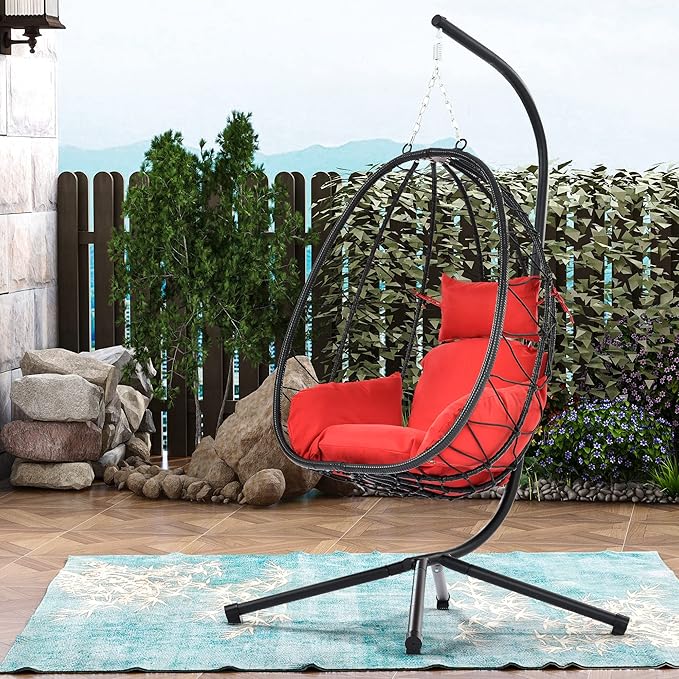 Hanging Egg Chair with Stand, Comfy Indoor/Outdoor Rattan Swing Hammock Chairs, 350lbs Capacity for Patio, Bedroom, Garden (Red)