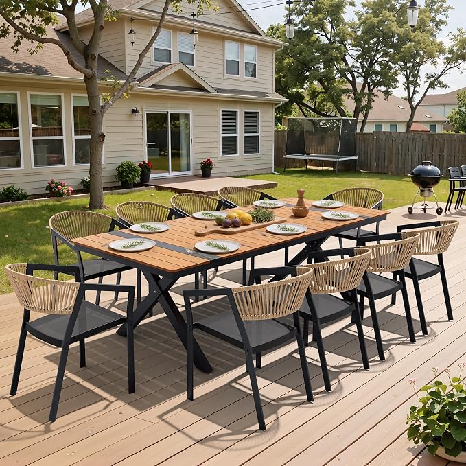 Pellebant Aluminum 11-Piece Outdoor Dining Table Set for 8-10 Person | Patio Stackable Chair with U-Shaped Wicker Backrest, 94" Table with Wood-Grain Top & Umbrella Hole, Aluminum Frame Furniture