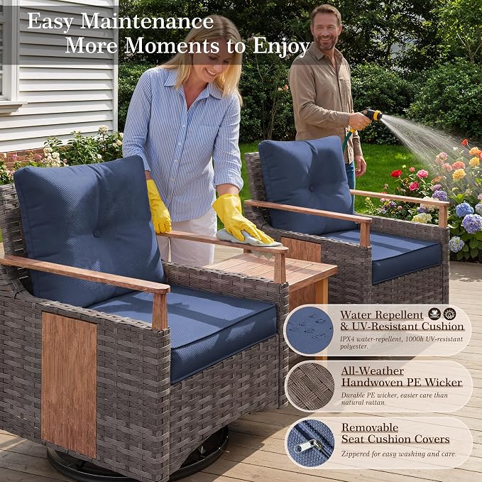 NestNook 3 Pieces Patio Furniture Set, Outdoor Bistro Set, 2 Swivel Glider Chairs with Modern Side Table, All-Weather Handwoven PE Wicker Seating and Thick Cushion for Balcony, Bistro & Porch, Blue