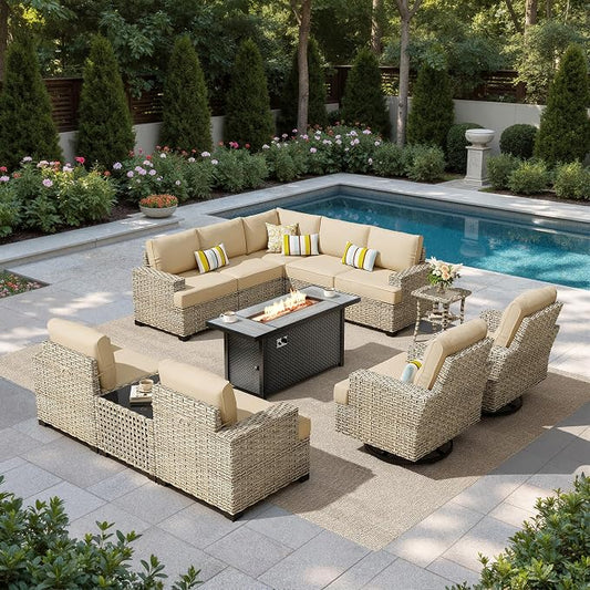 HOOOWOOO Sectional Patio Furniture Set with Fire Pit Table,12 Pieces Wicker Outdoor Furniture L Shaped Couch,Outside Conversation Set Extra Deep Sofa Wide Arm Swivel Chairs Solar Light,Beige