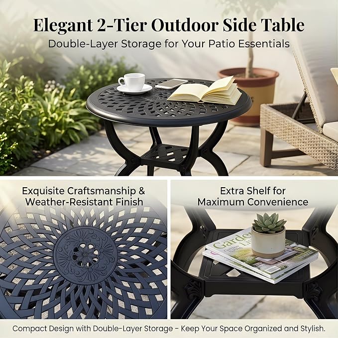 Round Outdoor Coffee Table, Cast Aluminum Side Table with Storage,Indoor End Table, All-Weather Bistro Table for Patio Garden Lawn,Black