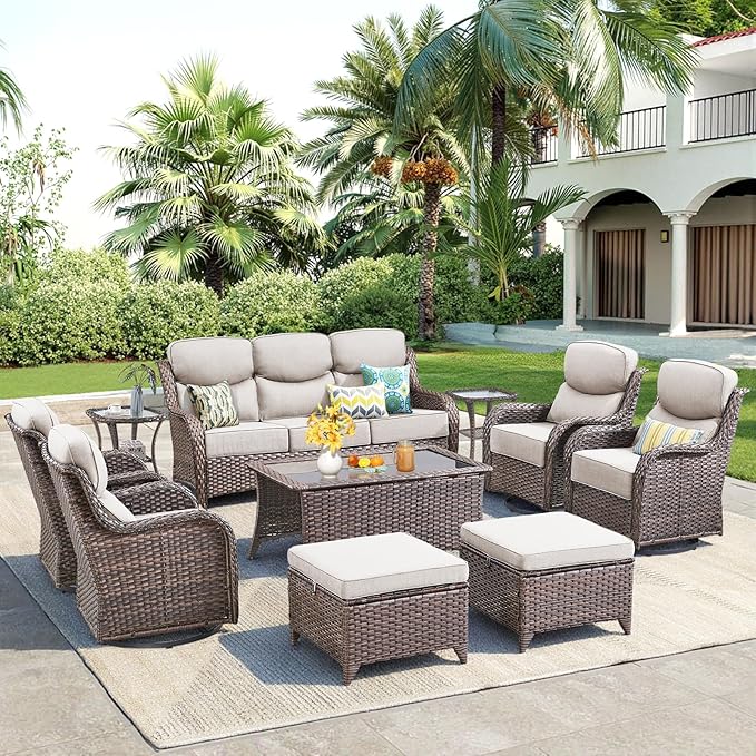 Luxury 10 Pieces Patio Furniture Set, Wicker Swivel Rocker Patio Chairs with 6" Thick Cushion, Outdoor Wicker Sofa with Coffee Table, All Weather Outdoor Conversation for Garden Porch(Brown/Beige)