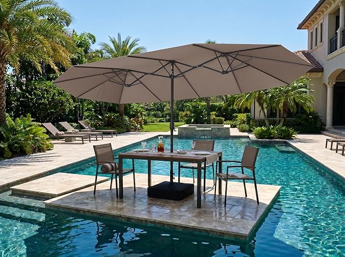 PURPLE LEAF 15ft Patio Market Umbrella with Base Double-Sided Rectangle Outdoor Table Sun Umbrellas with Crank 12 Heavy Duty Sturdy Ribs for Pool Beach Deck Backyard Taupe