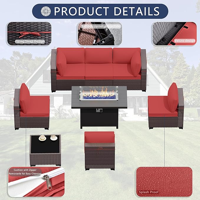 Outdoor Terrace Furniture Set, 8 Piece Outdoor Furniture Set, with 43 inch Aluminum 55002 BTU Propane fire Pit, PE Willow Vine Terrace Dialogue Set - Red.