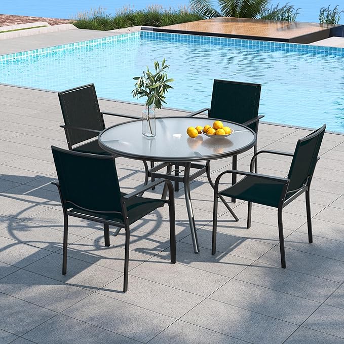 Anmutig 5-Piece Outdoor Patio Dining Set, 40 Inch Round Glass Table with 4 Stackable Chairs, Black