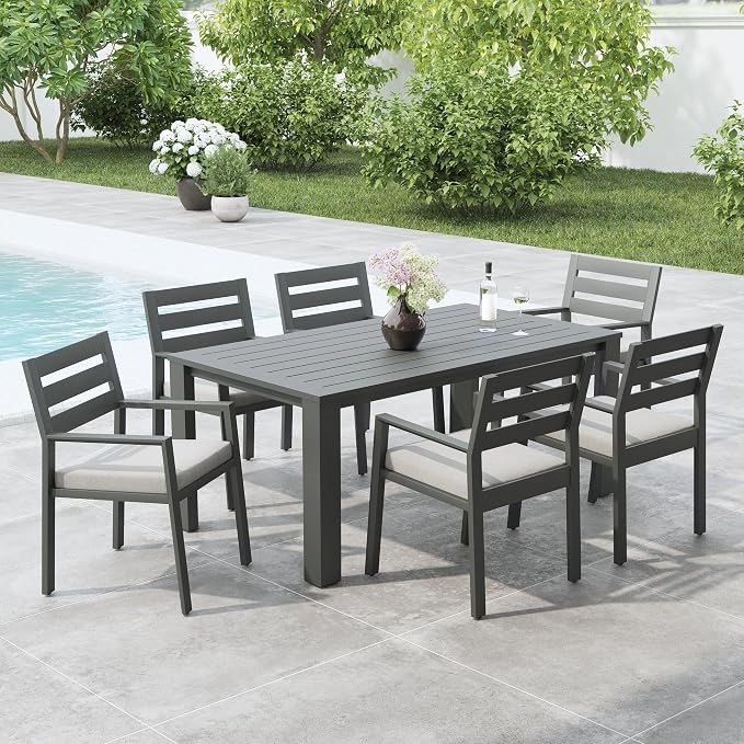 Homestyles Grayton Outdoor Rectangular Dining Table with Slatted Top, Made with a Recycled Aluminum Frame, Seats Upto 6