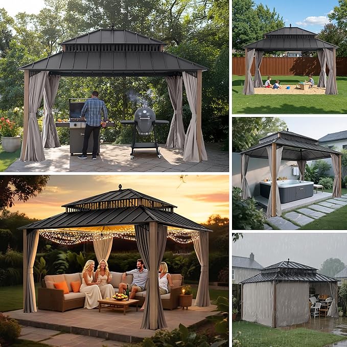 SUNJOY Kingston 14' x 12' Hardtop Gazebo with Curtain, Netting and Galvanized Steel Double Roof, Woodgrain Finish Aluminum Posts Permanent Pavilion Gazebo for Garden, Patio, Deck, Lawn