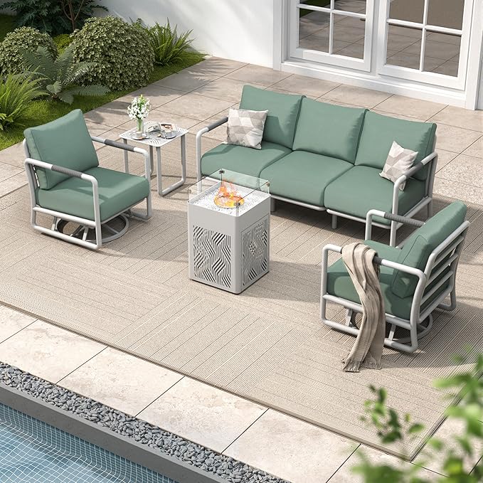 MBY Outdoor Aluminum Patio Furniture Set, 5-Seats Patio Conversation Sofa Set with 2 Swivel Rocking Chairs and 45,000 BTU Fire Pit Table w/Glass Wind Guard, All Weather for Balcony, Garden-White