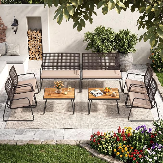 Tangkula 8 Pieces Patio Furniture Set, PE Wicker Rattan Conversation Set with Acacia Wood Coffee Table & Zippered Cushions, Outside Seating Set for Backyard, Garden & Deck (Beige, 8 Pcs)