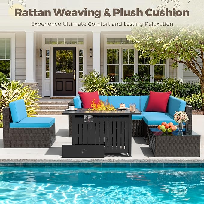 Flamaker 7 Pieces Patio Furniture Set with Fire Pit Table Outdoor Sectional Patio Sofa Furniture Set with Gas Fire Pit and Coffee Table & Ottoman Cushion Pillows, Blue