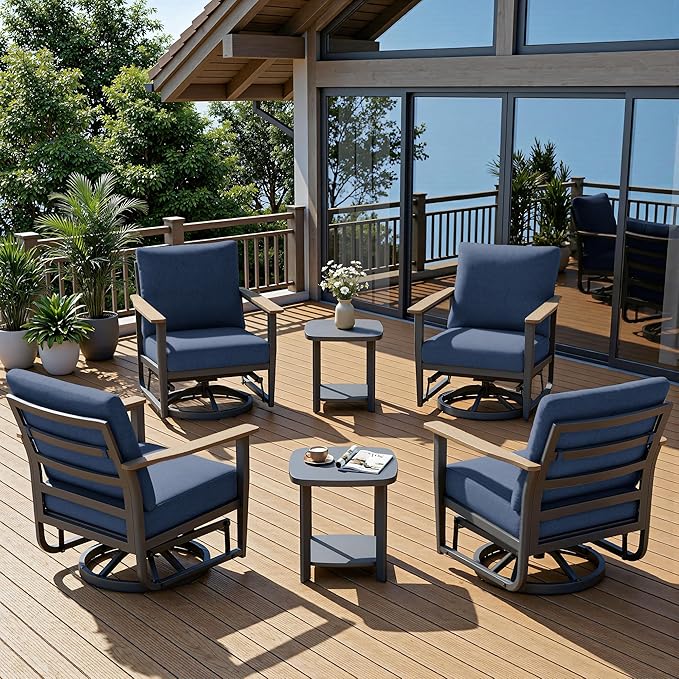 6-Piece Aluminum Patio Rocking Swivel Chair Outdoor Bistro Set, Patio Conversation Set Outdoor Patio Furniture Set with High Backrest & Thickened Cushions for Garden, Deck and Balcony, Navy Blue