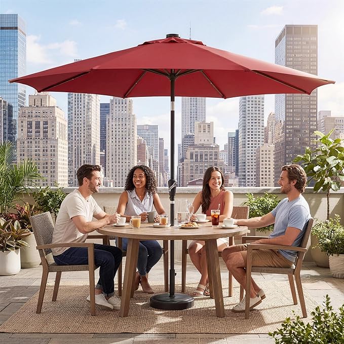 Garvee 10FT Patio Umbrella with 32 Solar LED Lights, Outdoor Table Market Umbrella with Tilt and Crank, 8 Sturdy Iron Ribs Sun Shade for Garden, Deck, Backyard and Pool, Red
